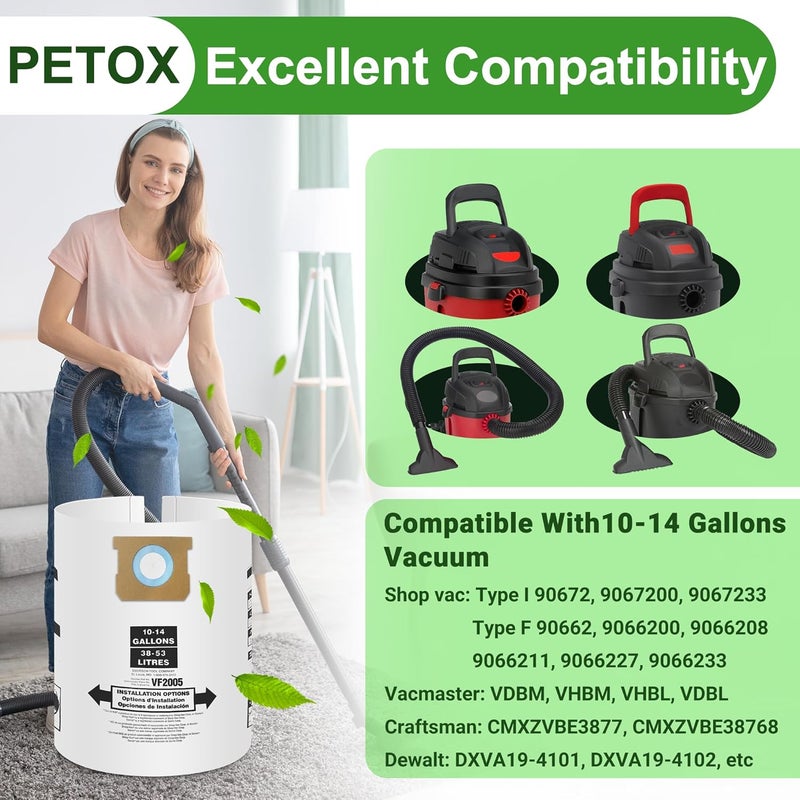 PETOX 5 Pack Vacuum Bags Replacement for Shop Vac Bags 10-14 Gallon Type F 90662 9066200 9066233 and Type I 90672 9067200 9067233, High-Efficiency Disposable Vaccum Collection Filter Bags - Image 2